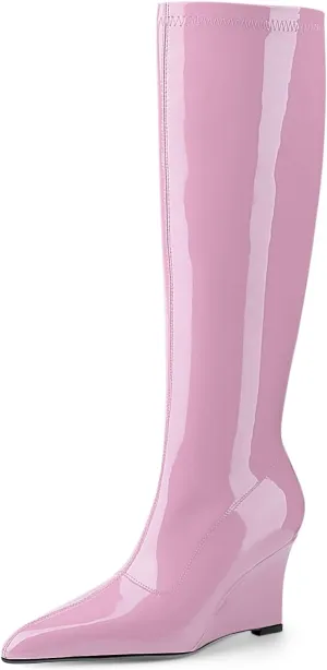 Oh Mispares Women's Wedge Heel Knee High Boots Classic Pointed Toe Tall Boots Patent Leather Fashion Long Boots with Side Zipper Comfortable Winter Dress Shoes