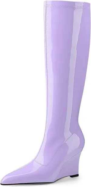 Oh Mispares Women's Wedge Heel Knee High Boots Classic Pointed Toe Tall Boots Patent Leather Fashion Long Boots with Side Zipper Comfortable Winter Dress Shoes