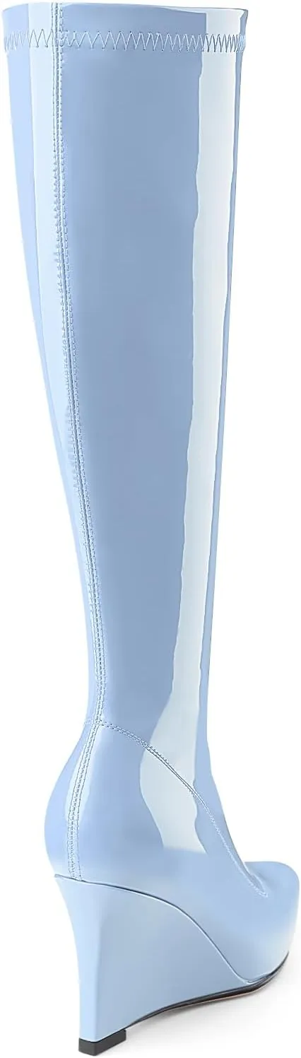 Oh Mispares Women's Wedge Heel Knee High Boots Classic Pointed Toe Tall Boots Patent Leather Fashion Long Boots with Side Zipper Comfortable Winter Dress Shoes