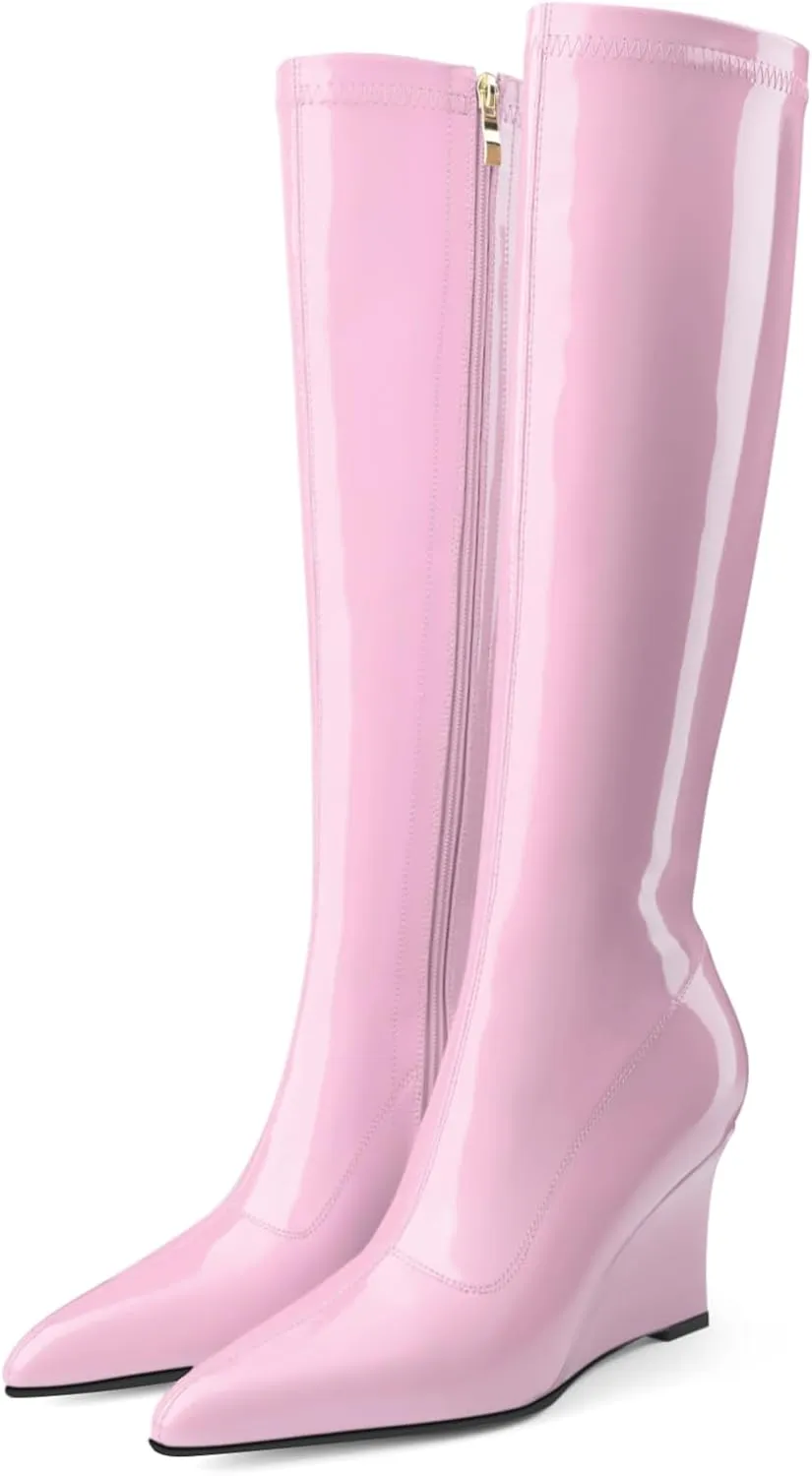 Oh Mispares Women's Wedge Heel Knee High Boots Classic Pointed Toe Tall Boots Patent Leather Fashion Long Boots with Side Zipper Comfortable Winter Dress Shoes