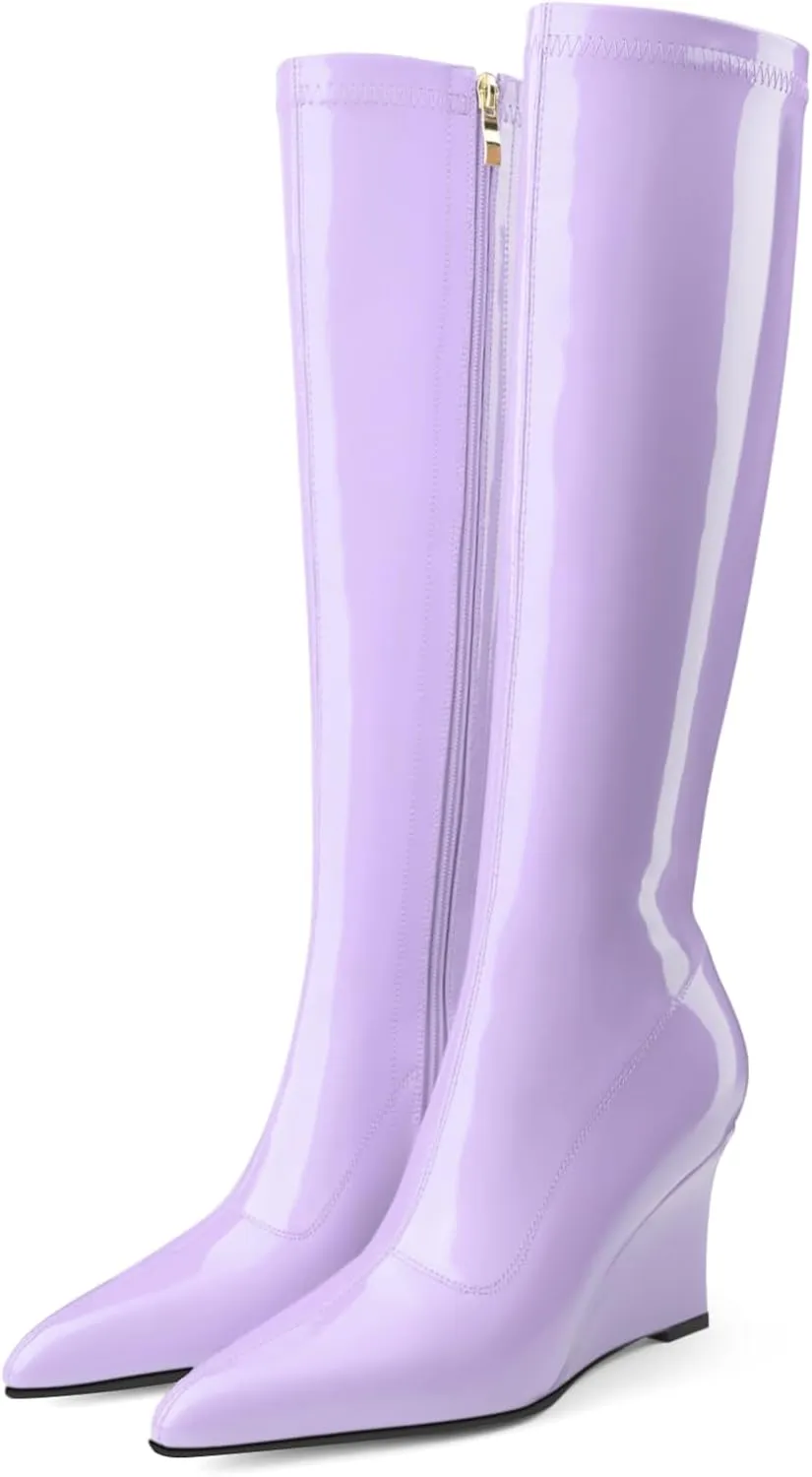 Oh Mispares Women's Wedge Heel Knee High Boots Classic Pointed Toe Tall Boots Patent Leather Fashion Long Boots with Side Zipper Comfortable Winter Dress Shoes
