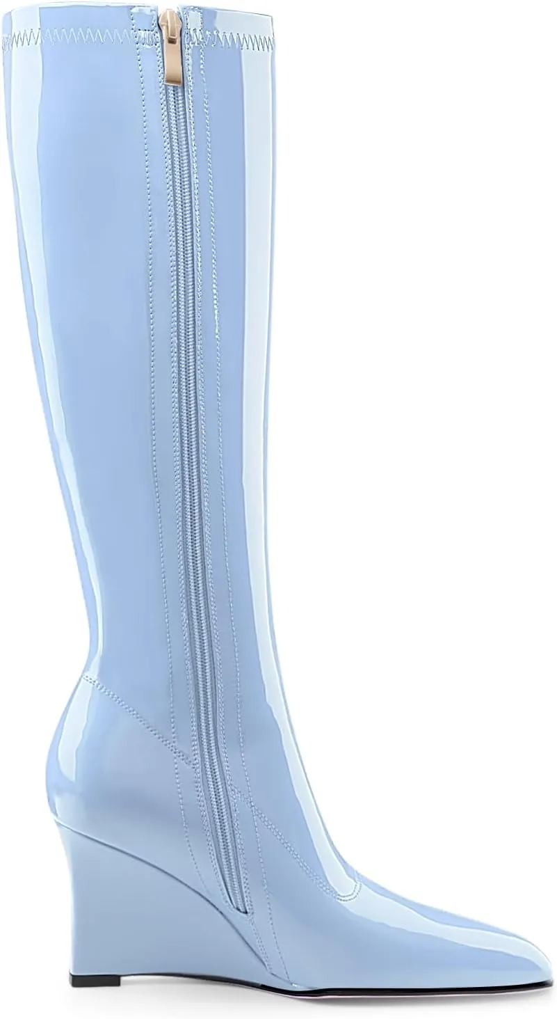 Oh Mispares Women's Wedge Heel Knee High Boots Classic Pointed Toe Tall Boots Patent Leather Fashion Long Boots with Side Zipper Comfortable Winter Dress Shoes