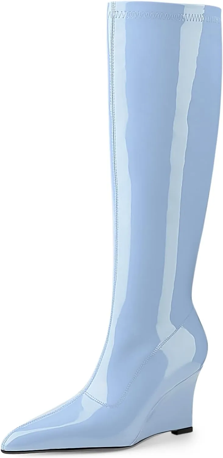 Oh Mispares Women's Wedge Heel Knee High Boots Classic Pointed Toe Tall Boots Patent Leather Fashion Long Boots with Side Zipper Comfortable Winter Dress Shoes