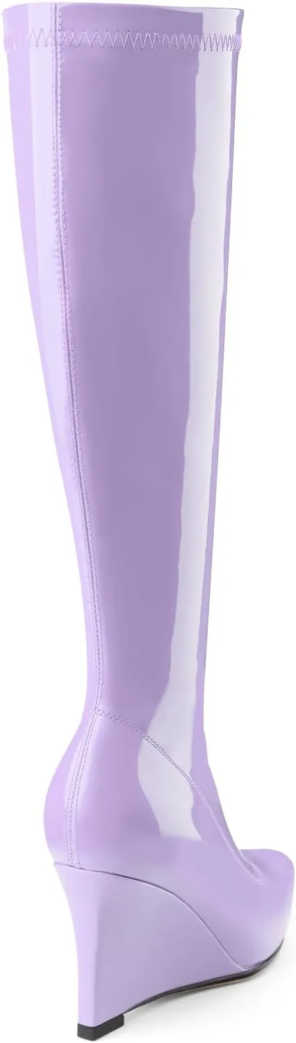 Oh Mispares Women's Wedge Heel Knee High Boots Classic Pointed Toe Tall Boots Patent Leather Fashion Long Boots with Side Zipper Comfortable Winter Dress Shoes