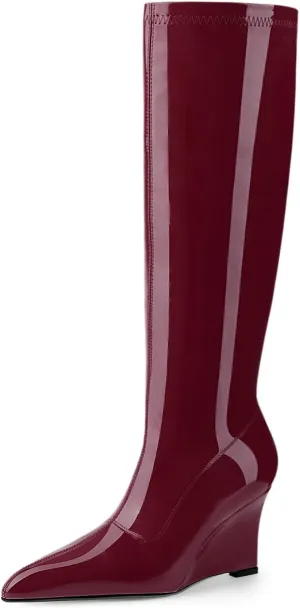 Oh Mispares Women's Wedge Heel Knee High Boots Classic Pointed Toe Tall Boots Patent Leather Fashion Long Boots with Side Zipper Comfortable Winter Dress Shoes