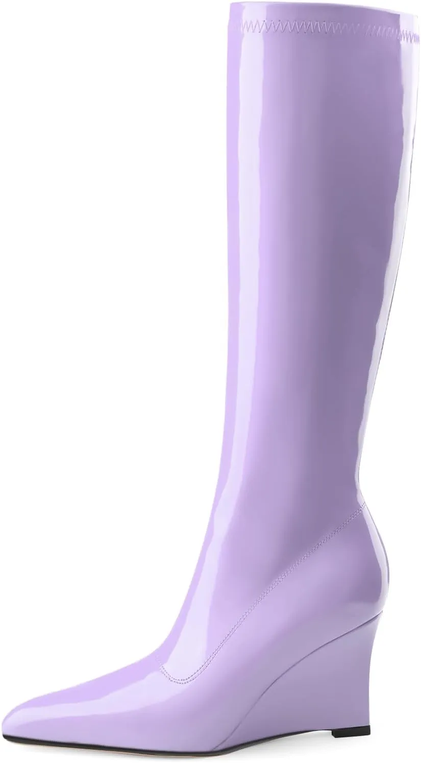 Oh Mispares Women's Wedge Heel Knee High Boots Classic Pointed Toe Tall Boots Patent Leather Fashion Long Boots with Side Zipper Comfortable Winter Dress Shoes