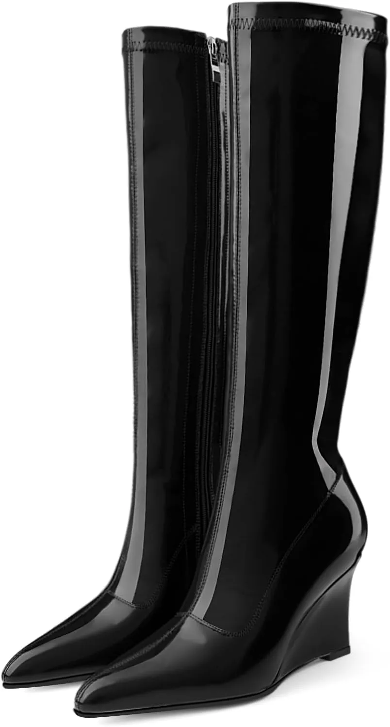 Oh Mispares Women's Wedge Heel Knee High Boots Classic Pointed Toe Tall Boots Patent Leather Fashion Long Boots with Side Zipper Comfortable Winter Dress Shoes