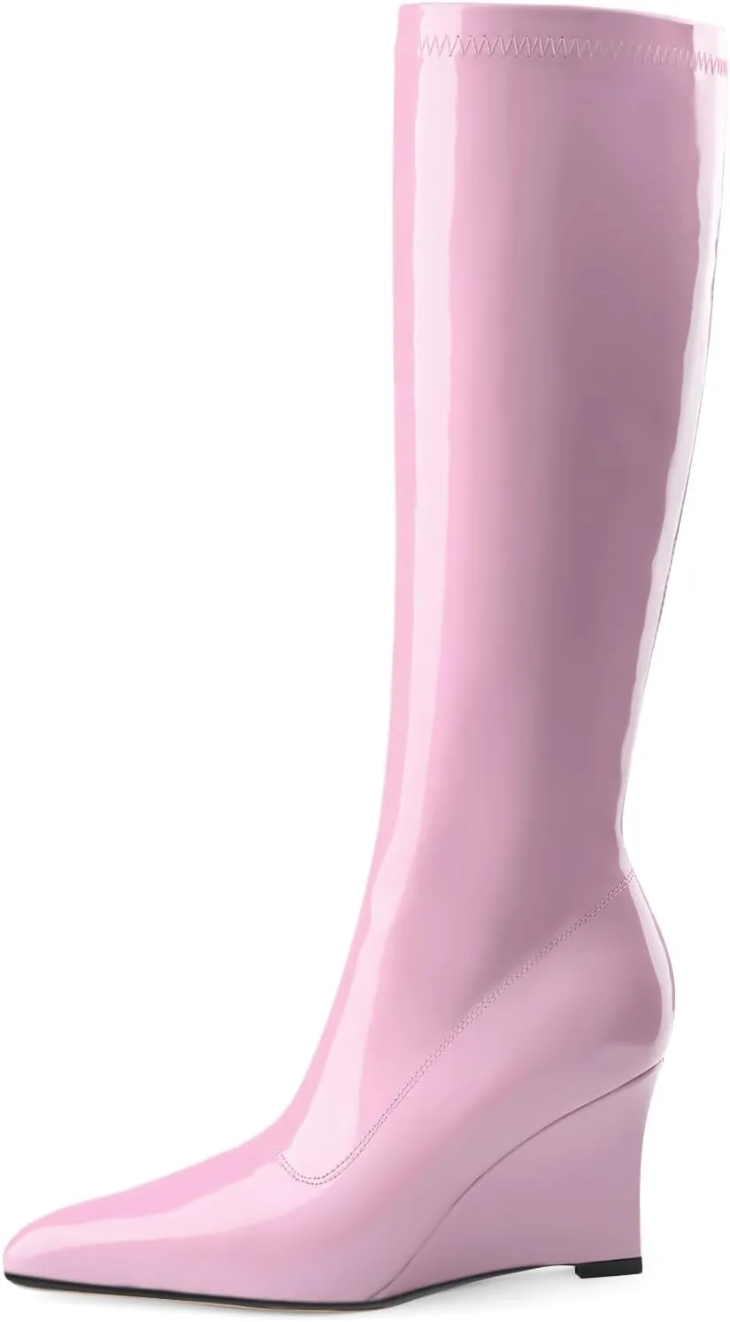 Oh Mispares Women's Wedge Heel Knee High Boots Classic Pointed Toe Tall Boots Patent Leather Fashion Long Boots with Side Zipper Comfortable Winter Dress Shoes