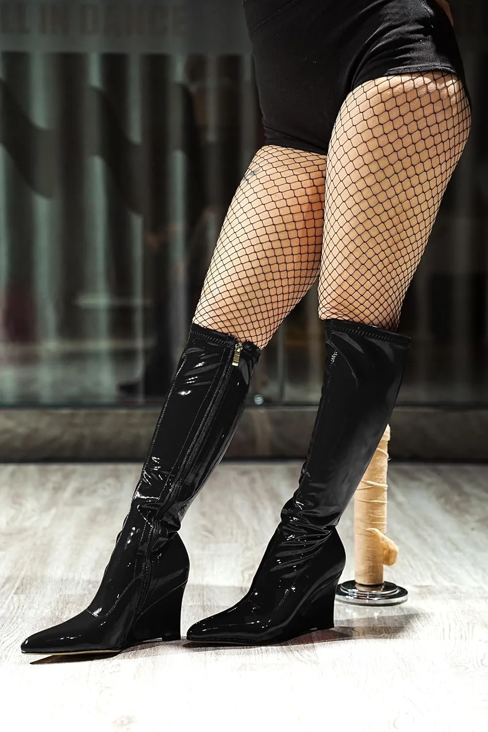 Oh Mispares Women's Wedge Heel Knee High Boots Classic Pointed Toe Tall Boots Patent Leather Fashion Long Boots with Side Zipper Comfortable Winter Dress Shoes
