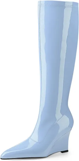 Oh Mispares Women's Wedge Heel Knee High Boots Classic Pointed Toe Tall Boots Patent Leather Fashion Long Boots with Side Zipper Comfortable Winter Dress Shoes