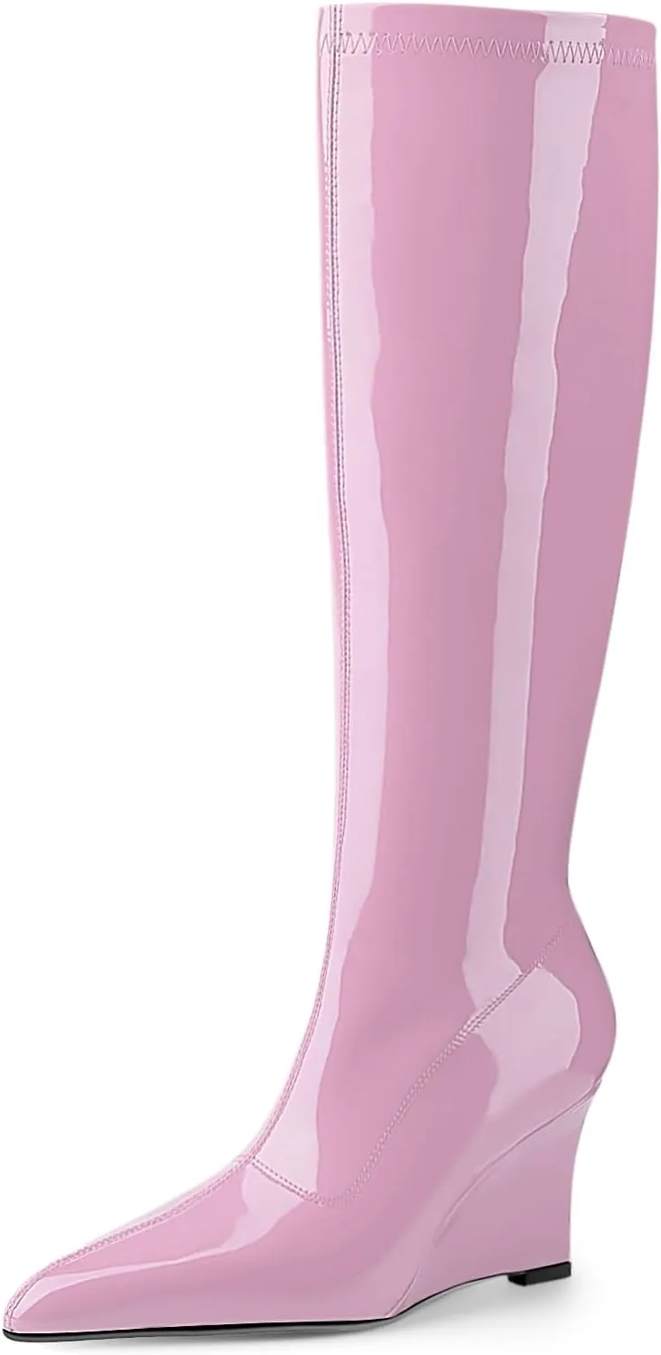 Oh Mispares Women's Wedge Heel Knee High Boots Classic Pointed Toe Tall Boots Patent Leather Fashion Long Boots with Side Zipper Comfortable Winter Dress Shoes