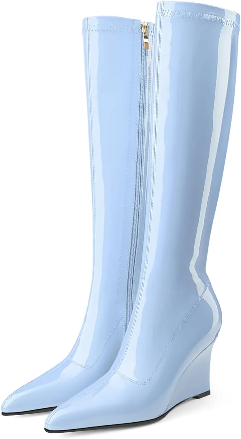 Oh Mispares Women's Wedge Heel Knee High Boots Classic Pointed Toe Tall Boots Patent Leather Fashion Long Boots with Side Zipper Comfortable Winter Dress Shoes