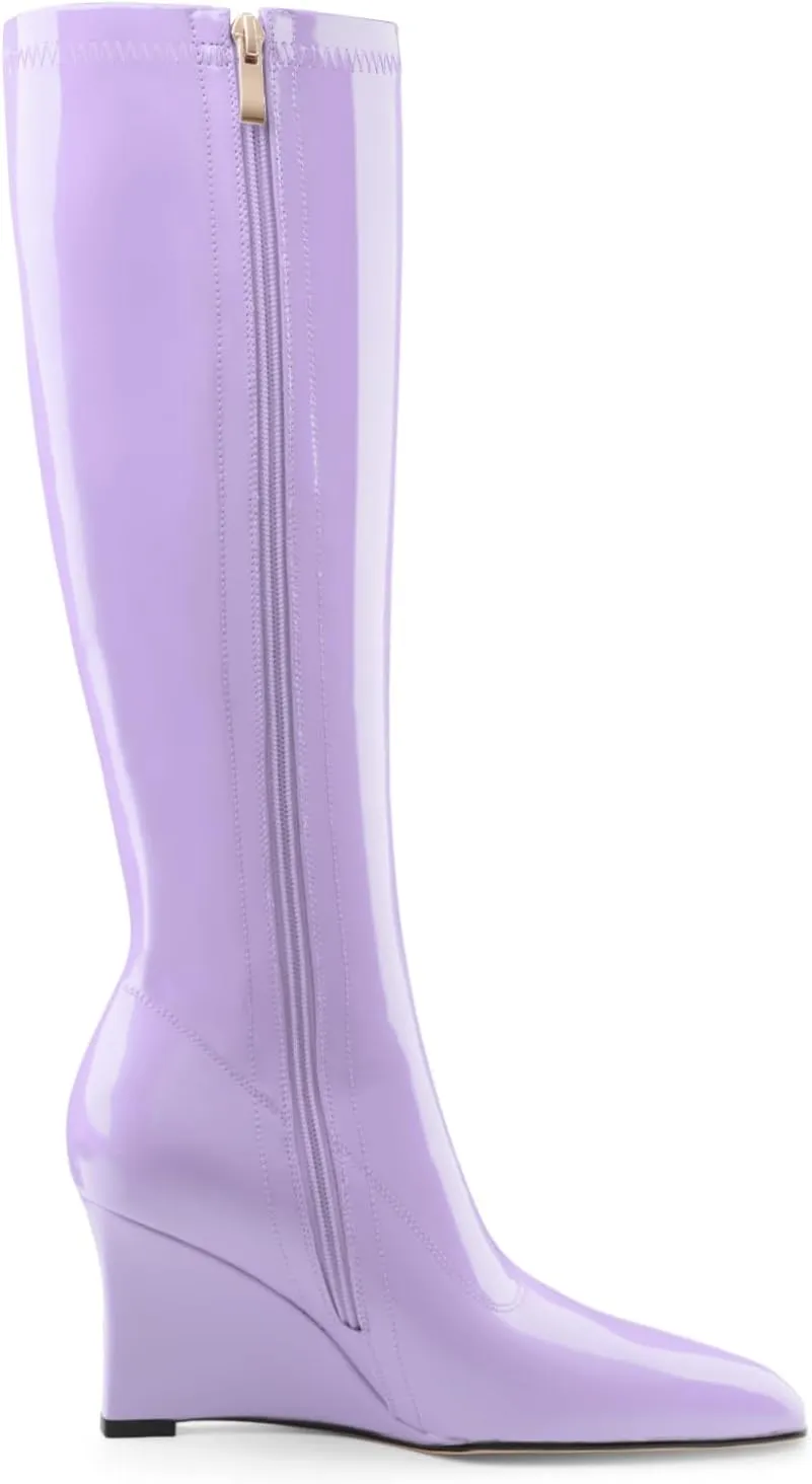Oh Mispares Women's Wedge Heel Knee High Boots Classic Pointed Toe Tall Boots Patent Leather Fashion Long Boots with Side Zipper Comfortable Winter Dress Shoes