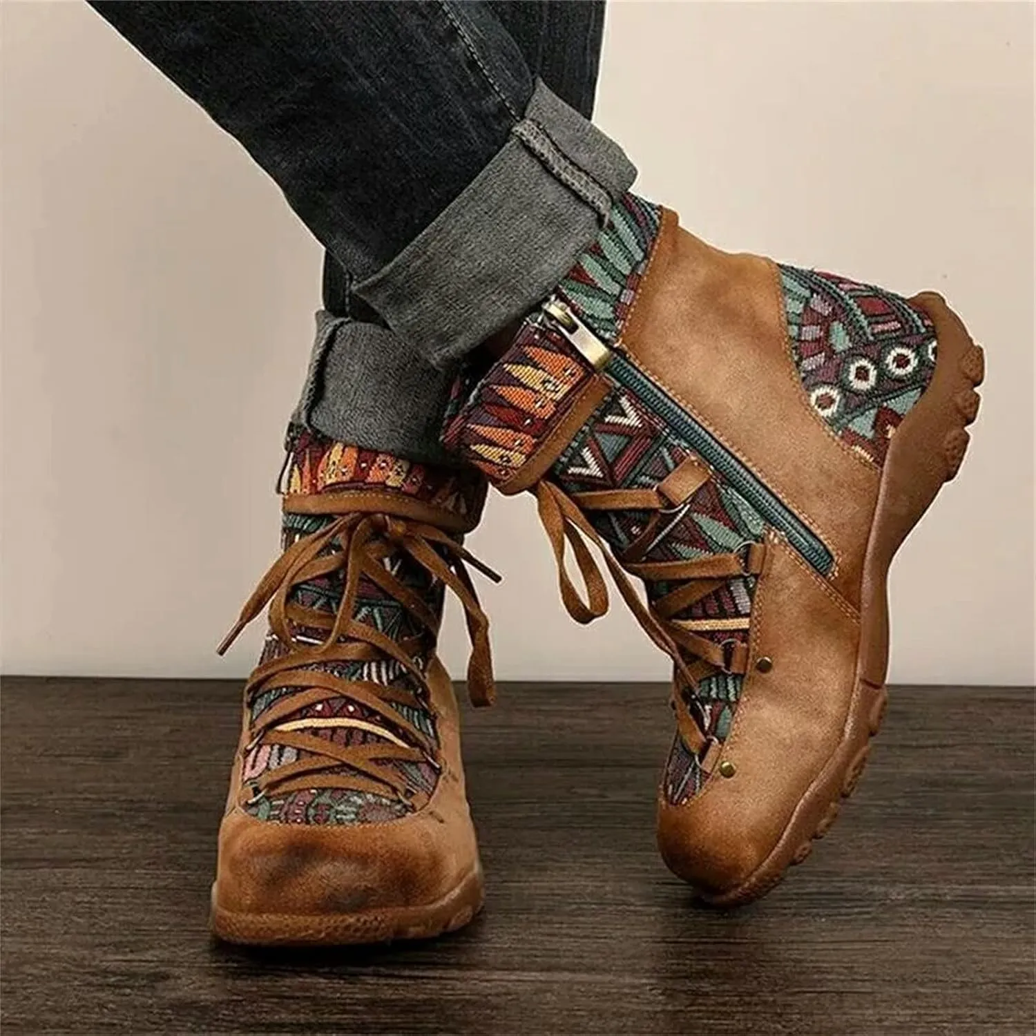 oiangi Boots for Women Ankle Booties Fashion Comfy Leather Arch Support Steel Toe Zipper Bohemian Boots Waterproof and Windproof Soft Damping Shoes