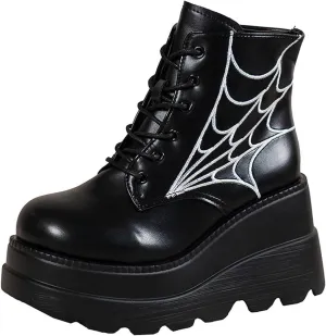 oiangi Wedge Boots for Women Platform Fashion Round Toe Lace Up Spider Web Embroidery Chunky Ankle Booties Casual Comfy Non-slip Ladies High Heel Shoes