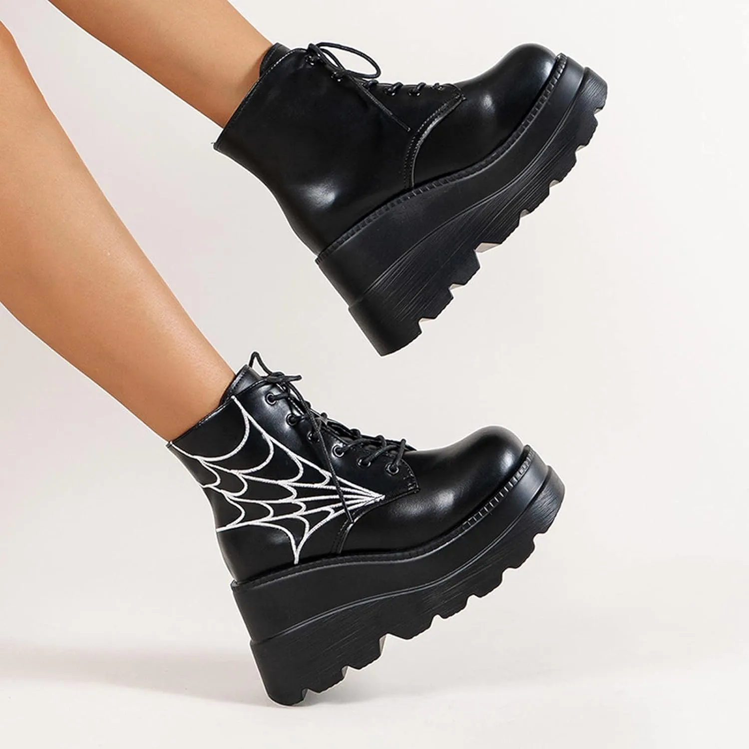 oiangi Wedge Boots for Women Platform Fashion Round Toe Lace Up Spider Web Embroidery Chunky Ankle Booties Casual Comfy Non-slip Ladies High Heel Shoes