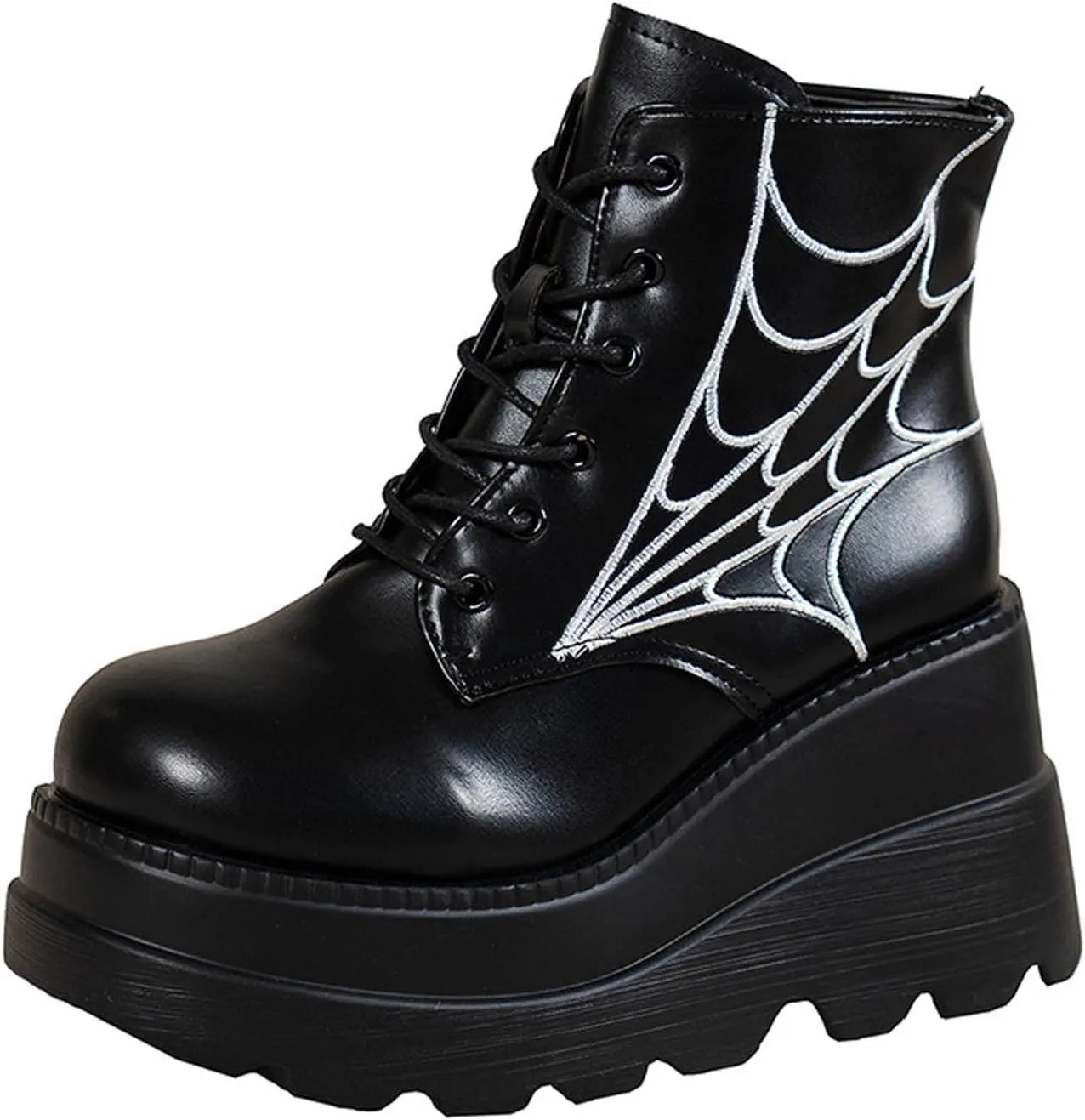 oiangi Wedge Boots for Women Platform Fashion Round Toe Lace Up Spider Web Embroidery Chunky Ankle Booties Casual Comfy Non-slip Ladies High Heel Shoes