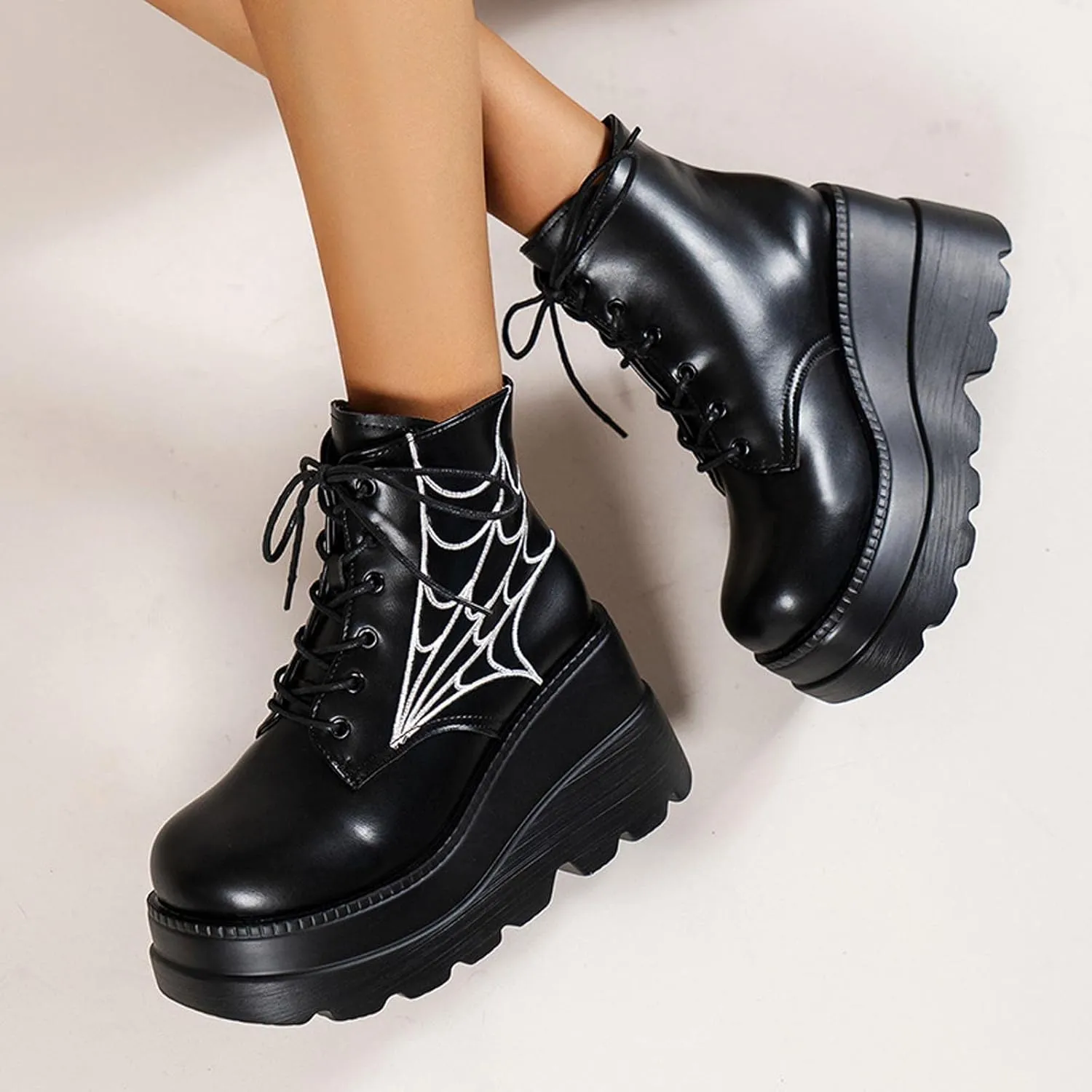 oiangi Wedge Boots for Women Platform Fashion Round Toe Lace Up Spider Web Embroidery Chunky Ankle Booties Casual Comfy Non-slip Ladies High Heel Shoes