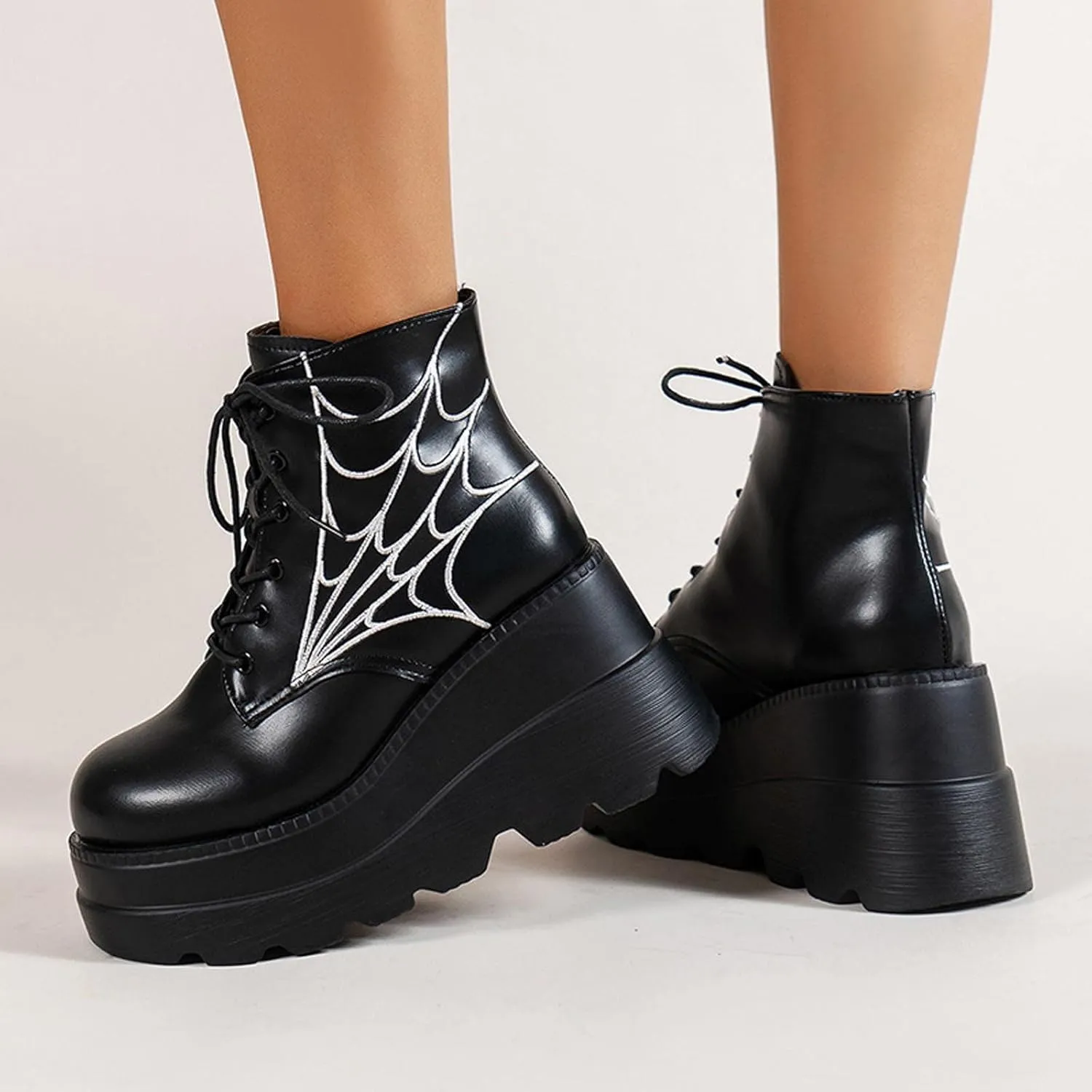 oiangi Wedge Boots for Women Platform Fashion Round Toe Lace Up Spider Web Embroidery Chunky Ankle Booties Casual Comfy Non-slip Ladies High Heel Shoes