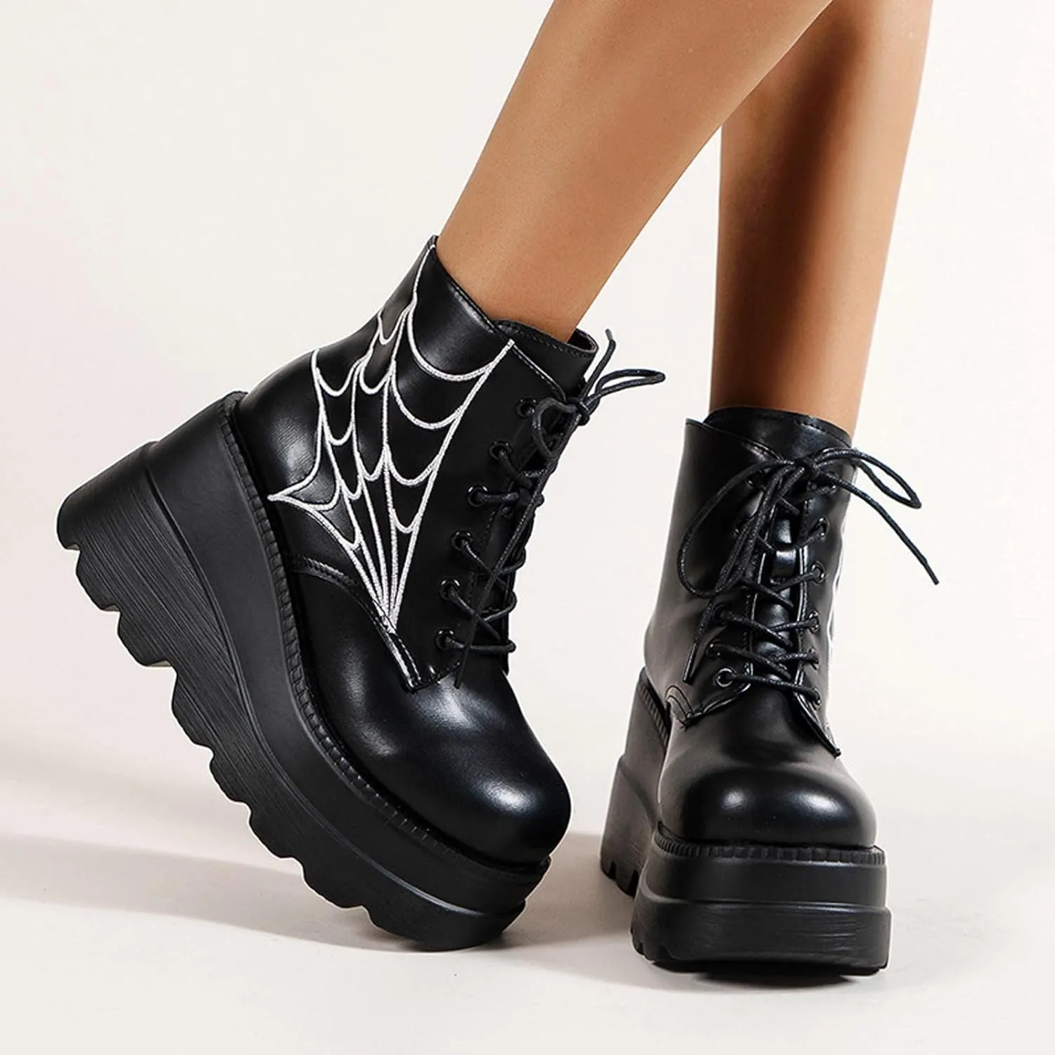oiangi Wedge Boots for Women Platform Fashion Round Toe Lace Up Spider Web Embroidery Chunky Ankle Booties Casual Comfy Non-slip Ladies High Heel Shoes