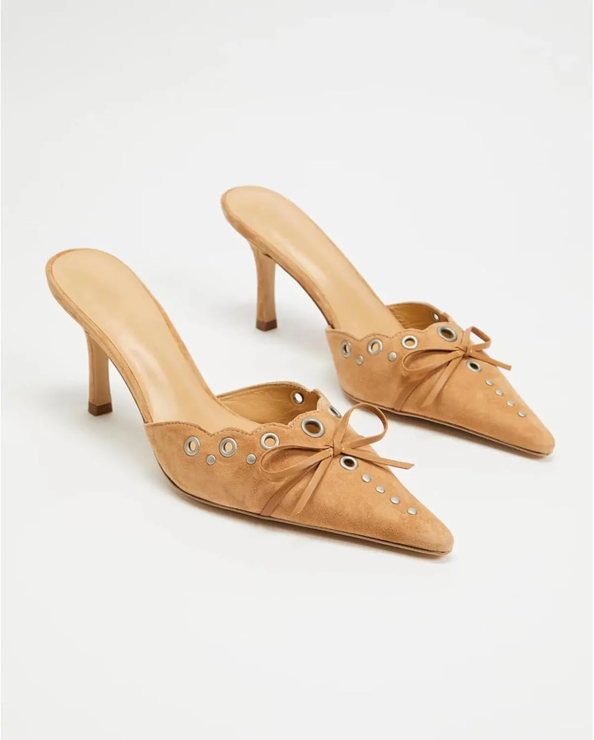 olomisa Kitten Heels for Women, Pointed Toe Heels Studded Bow Heeled Mules, Faux Suede Silp On Sandals Kitten Heel Pumps