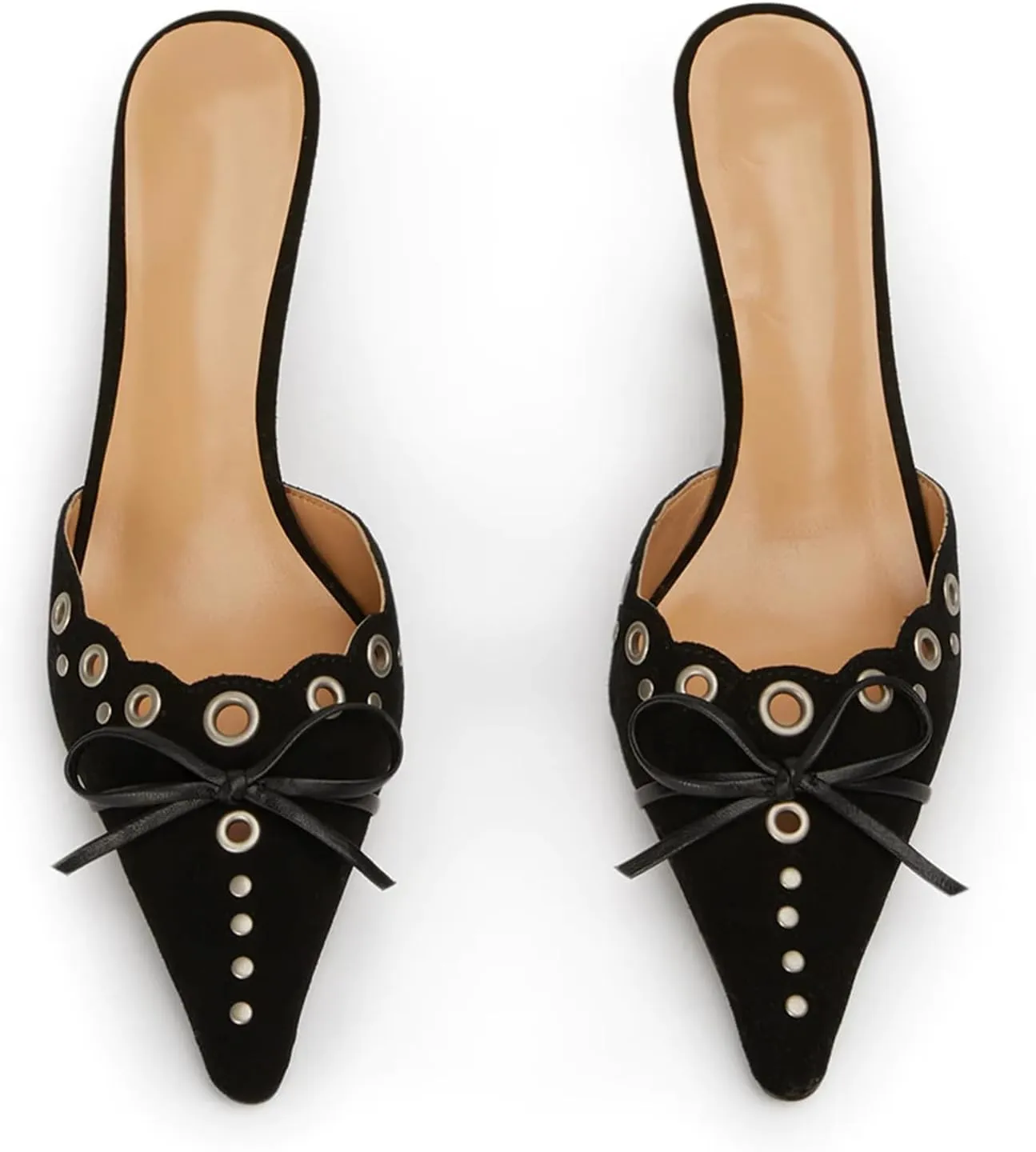 olomisa Kitten Heels for Women, Pointed Toe Heels Studded Bow Heeled Mules, Faux Suede Silp On Sandals Kitten Heel Pumps