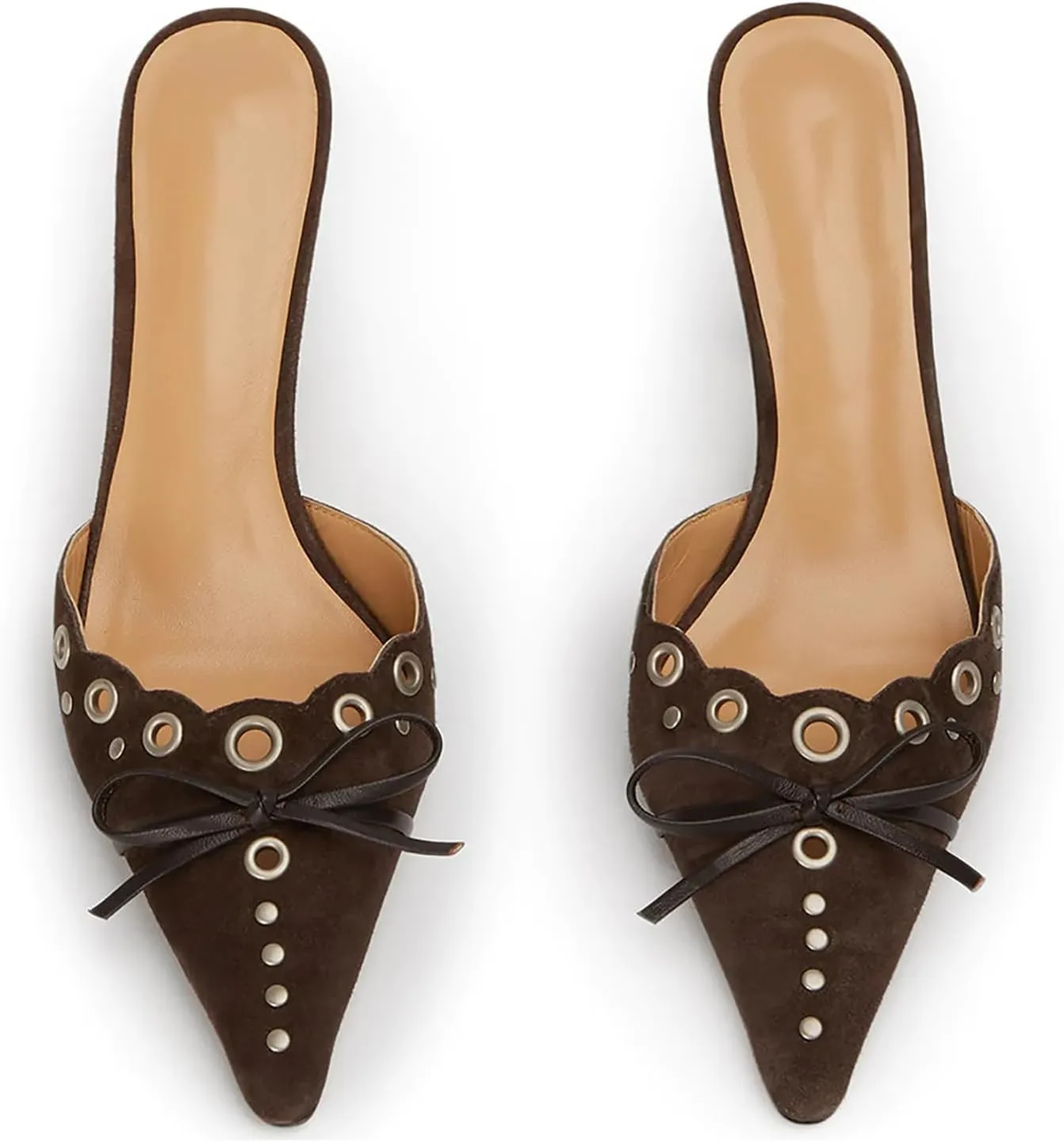 olomisa Kitten Heels for Women, Pointed Toe Heels Studded Bow Heeled Mules, Faux Suede Silp On Sandals Kitten Heel Pumps