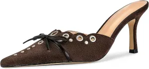 olomisa Kitten Heels for Women, Pointed Toe Heels Studded Bow Heeled Mules, Faux Suede Silp On Sandals Kitten Heel Pumps