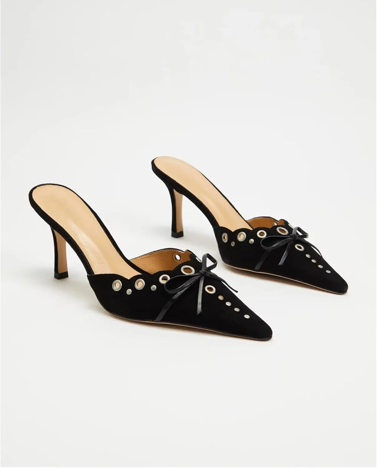 olomisa Kitten Heels for Women, Pointed Toe Heels Studded Bow Heeled Mules, Faux Suede Silp On Sandals Kitten Heel Pumps