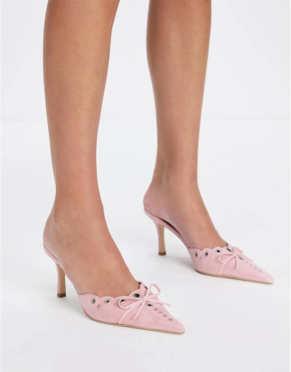 olomisa Kitten Heels for Women, Pointed Toe Heels Studded Bow Heeled Mules, Faux Suede Silp On Sandals Kitten Heel Pumps