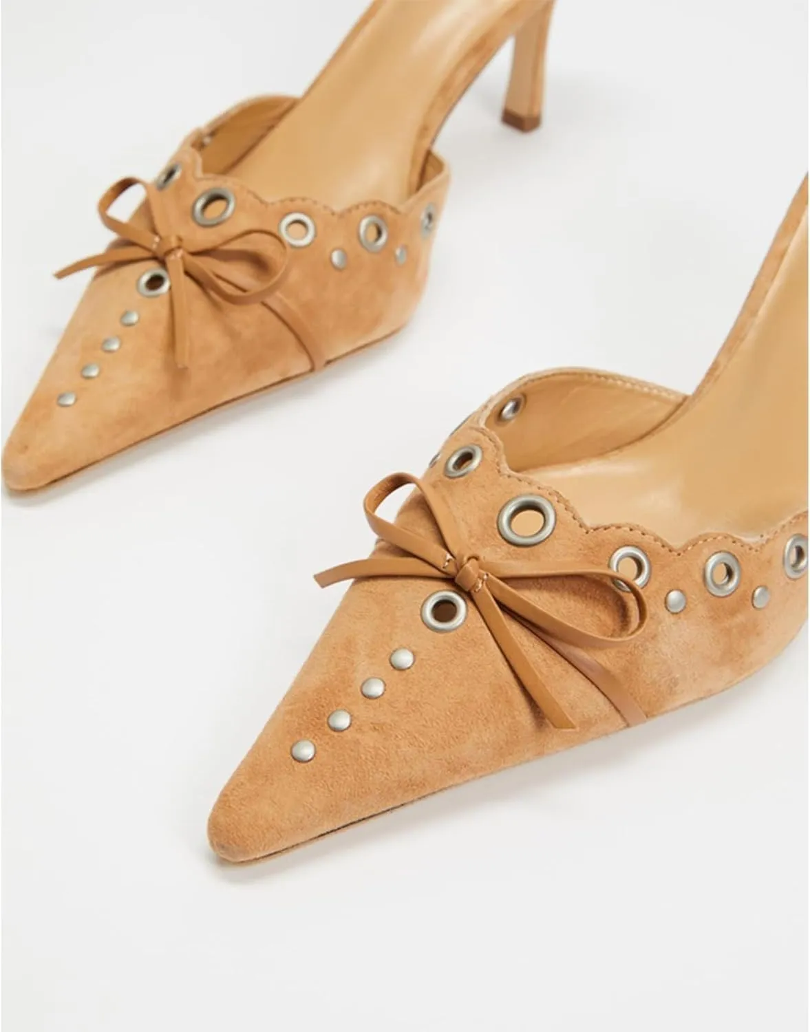 olomisa Kitten Heels for Women, Pointed Toe Heels Studded Bow Heeled Mules, Faux Suede Silp On Sandals Kitten Heel Pumps