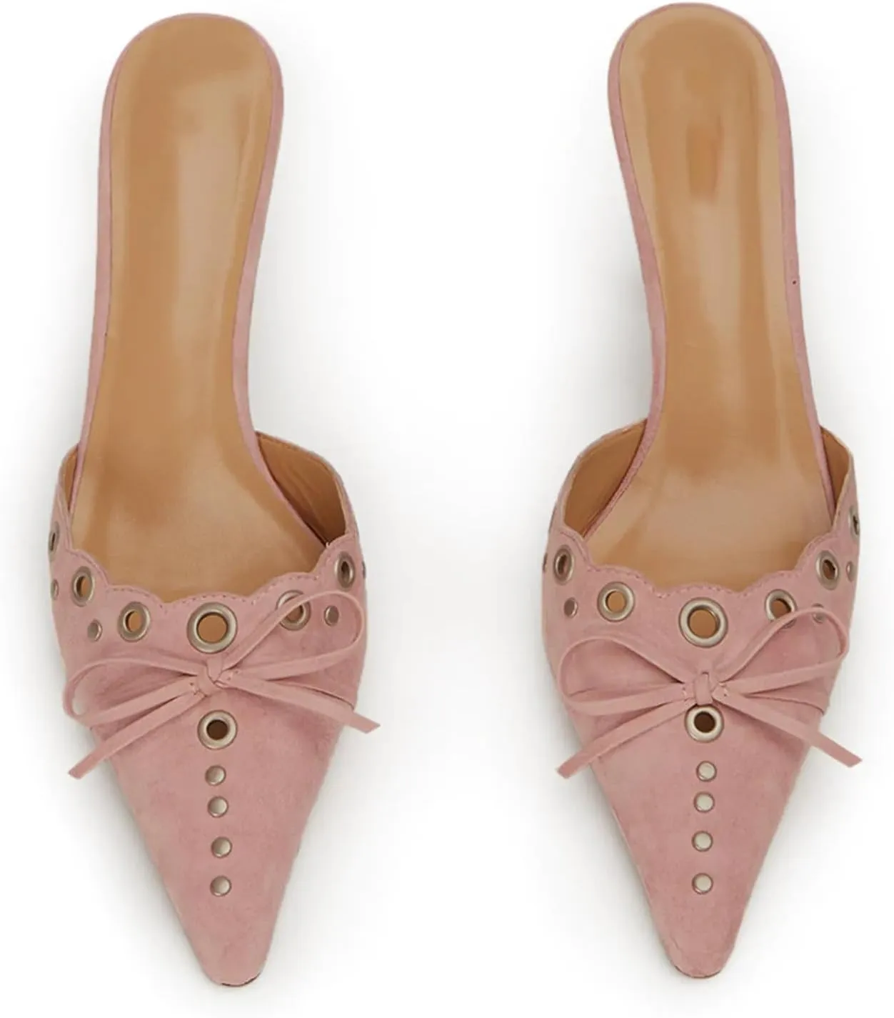 olomisa Kitten Heels for Women, Pointed Toe Heels Studded Bow Heeled Mules, Faux Suede Silp On Sandals Kitten Heel Pumps