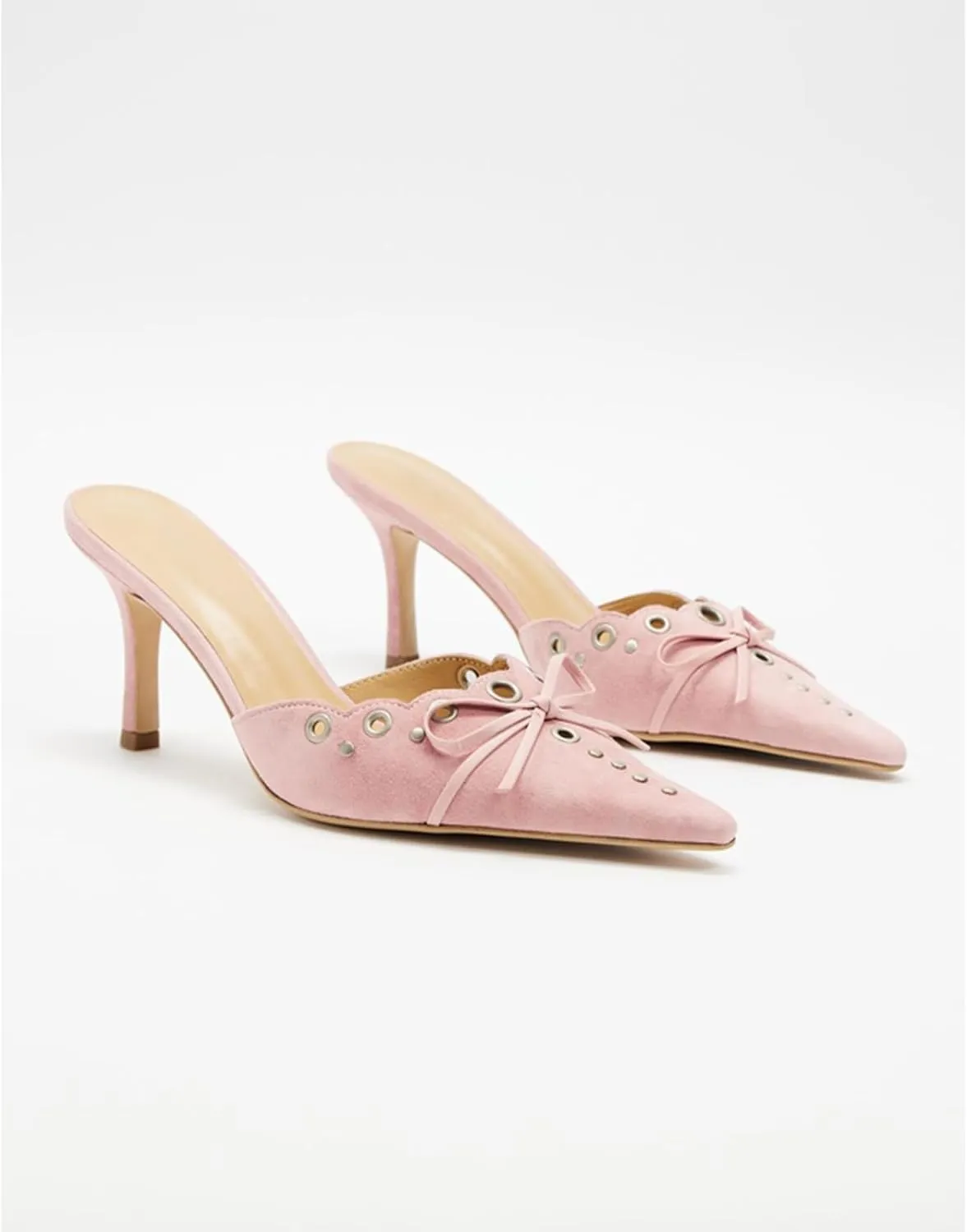 olomisa Kitten Heels for Women, Pointed Toe Heels Studded Bow Heeled Mules, Faux Suede Silp On Sandals Kitten Heel Pumps