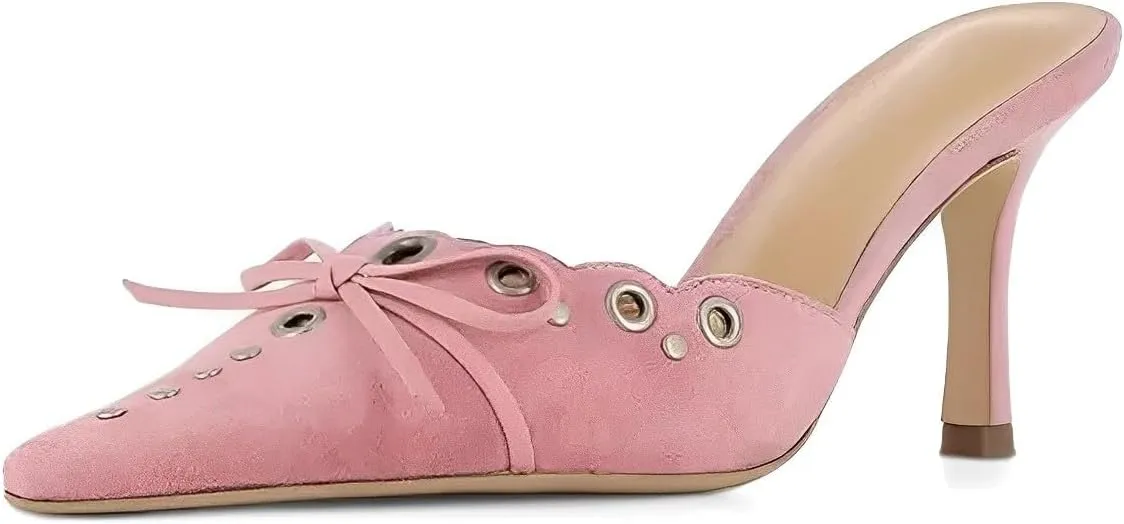 olomisa Kitten Heels for Women, Pointed Toe Heels Studded Bow Heeled Mules, Faux Suede Silp On Sandals Kitten Heel Pumps