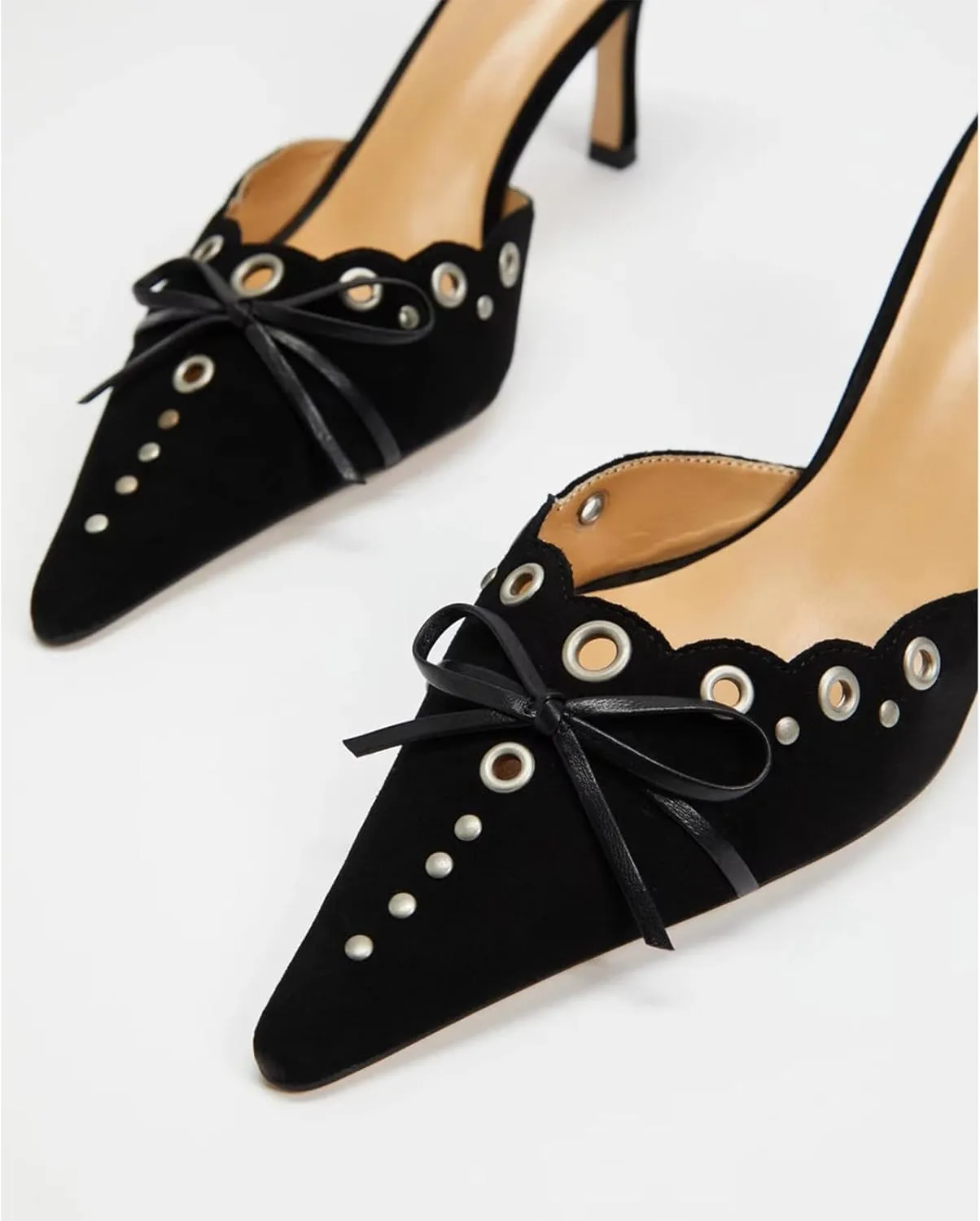 olomisa Kitten Heels for Women, Pointed Toe Heels Studded Bow Heeled Mules, Faux Suede Silp On Sandals Kitten Heel Pumps