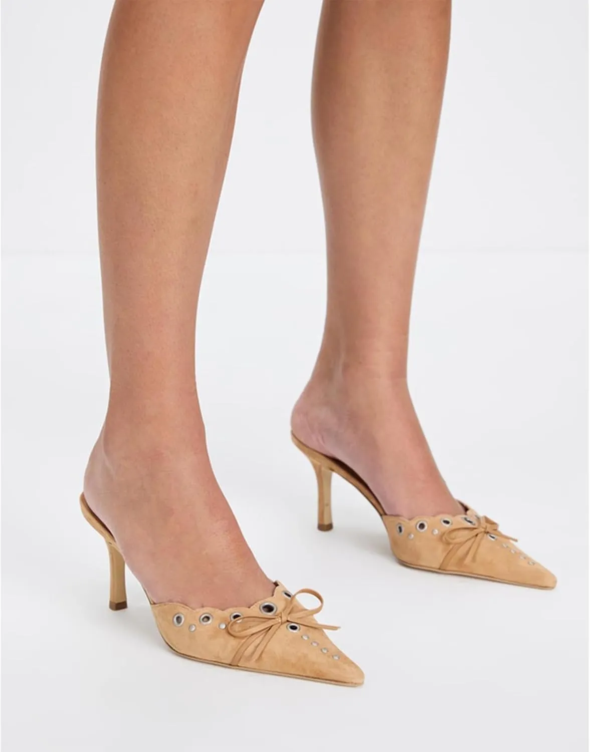 olomisa Kitten Heels for Women, Pointed Toe Heels Studded Bow Heeled Mules, Faux Suede Silp On Sandals Kitten Heel Pumps