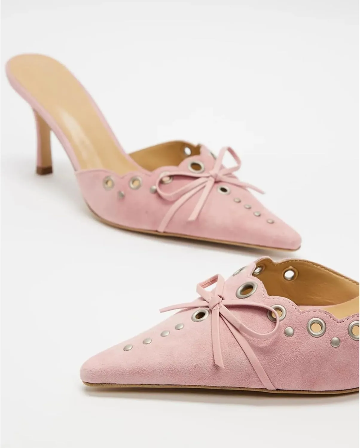 olomisa Kitten Heels for Women, Pointed Toe Heels Studded Bow Heeled Mules, Faux Suede Silp On Sandals Kitten Heel Pumps