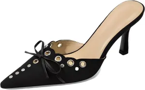 olomisa Kitten Heels for Women, Pointed Toe Heels Studded Bow Heeled Mules, Faux Suede Silp On Sandals Kitten Heel Pumps