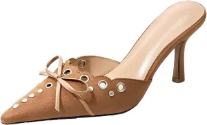 olomisa Kitten Heels for Women, Pointed Toe Heels Studded Bow Heeled Mules, Faux Suede Silp On Sandals Kitten Heel Pumps