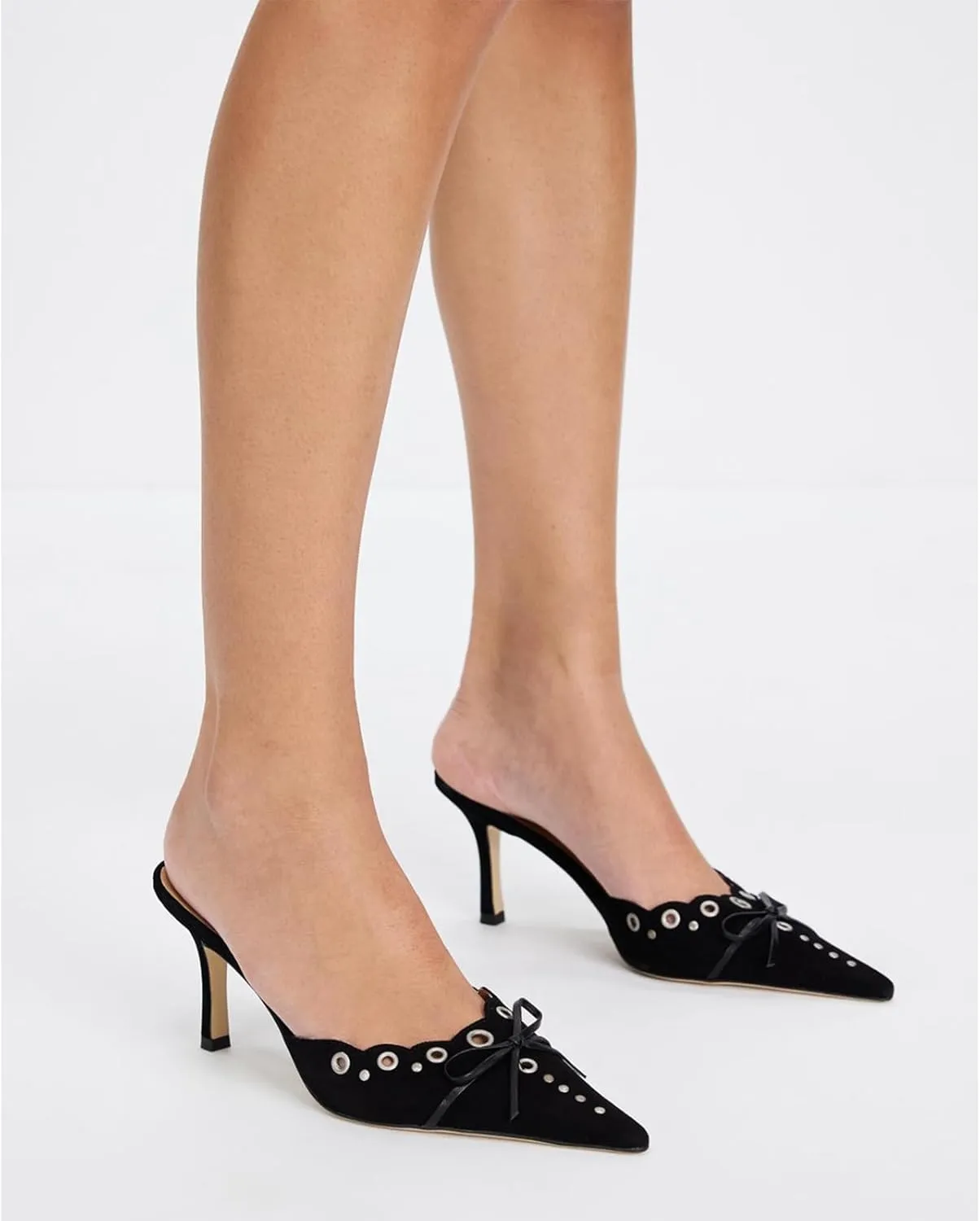 olomisa Kitten Heels for Women, Pointed Toe Heels Studded Bow Heeled Mules, Faux Suede Silp On Sandals Kitten Heel Pumps