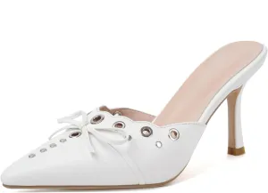 olomisa Kitten Heels for Women, Pointed Toe Heels Studded Bow Heeled Mules, Faux Suede Silp On Sandals Kitten Heel Pumps