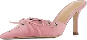 olomisa Kitten Heels for Women, Pointed Toe Heels Studded Bow Heeled Mules, Faux Suede Silp On Sandals Kitten Heel Pumps
