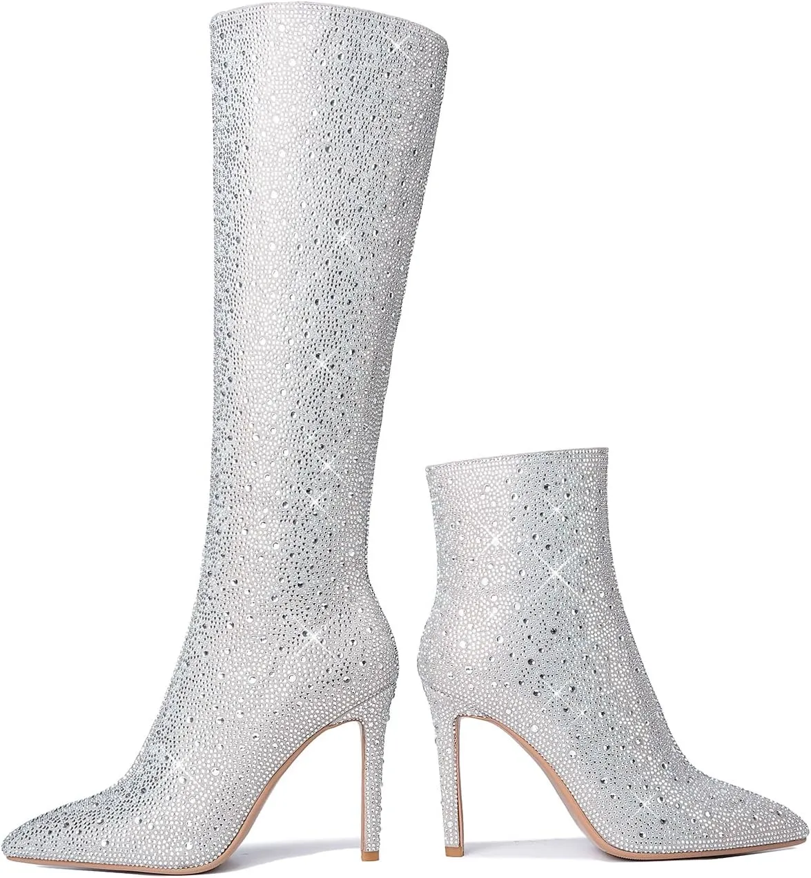 olomisa Sparkly Boots for Women, Rhinestone Knee High Boots Pointed Toe Stiletto Heeled Ankle Booties Bling Sparkling Boots