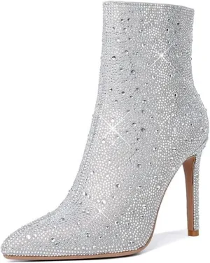 olomisa Sparkly Boots for Women, Rhinestone Knee High Boots Pointed Toe Stiletto Heeled Ankle Booties Bling Sparkling Boots