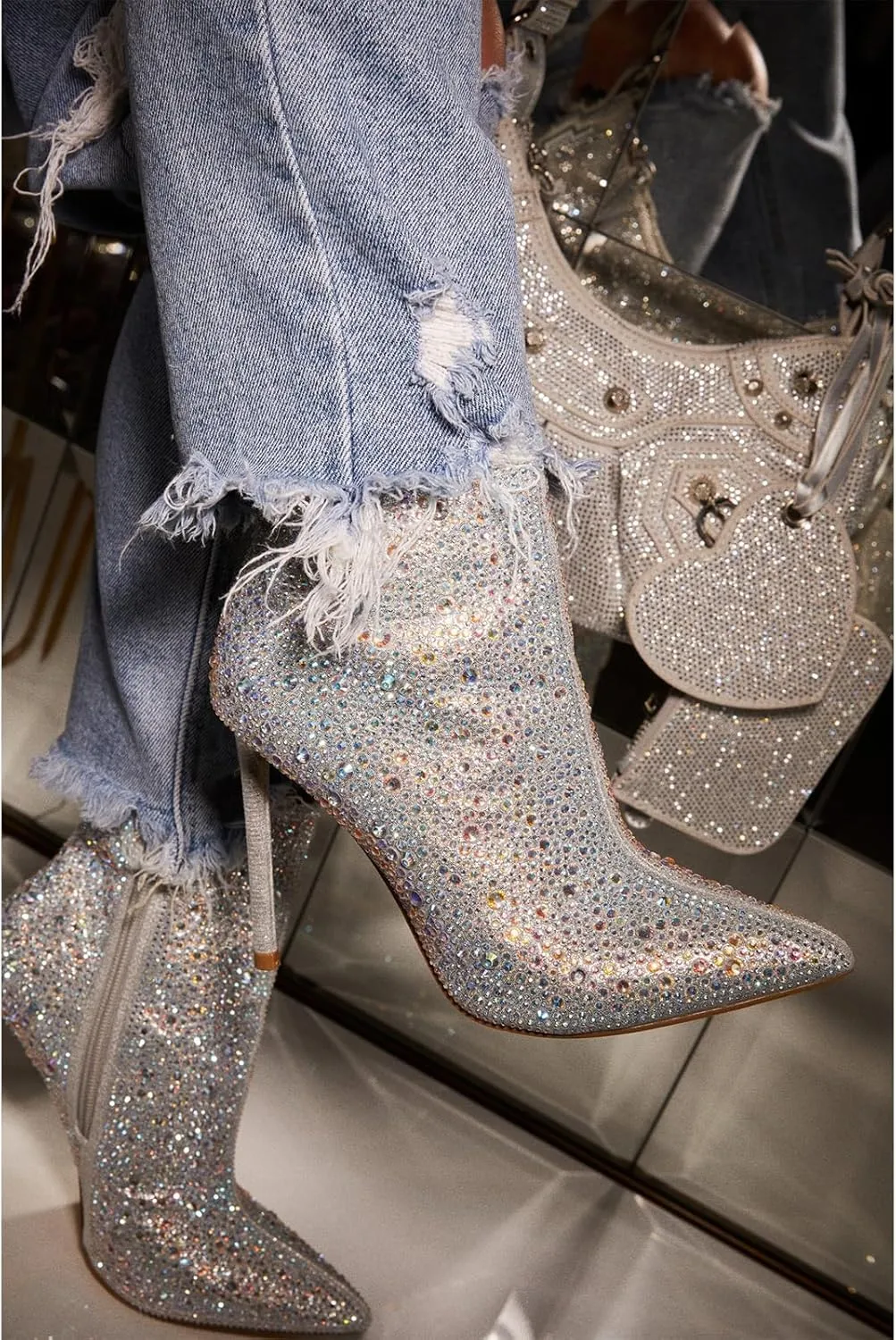 olomisa Sparkly Boots for Women, Rhinestone Knee High Boots Pointed Toe Stiletto Heeled Ankle Booties Bling Sparkling Boots