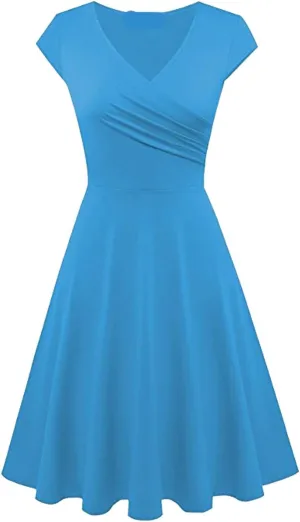 OMZIN Women's Summer 1950s Vintage Dress Wrap V Neck Cap Sleeve Dress Cocktail Swing Dress A-Line Flared Midi Dress