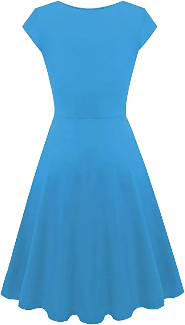 OMZIN Women's Summer 1950s Vintage Dress Wrap V Neck Cap Sleeve Dress Cocktail Swing Dress A-Line Flared Midi Dress