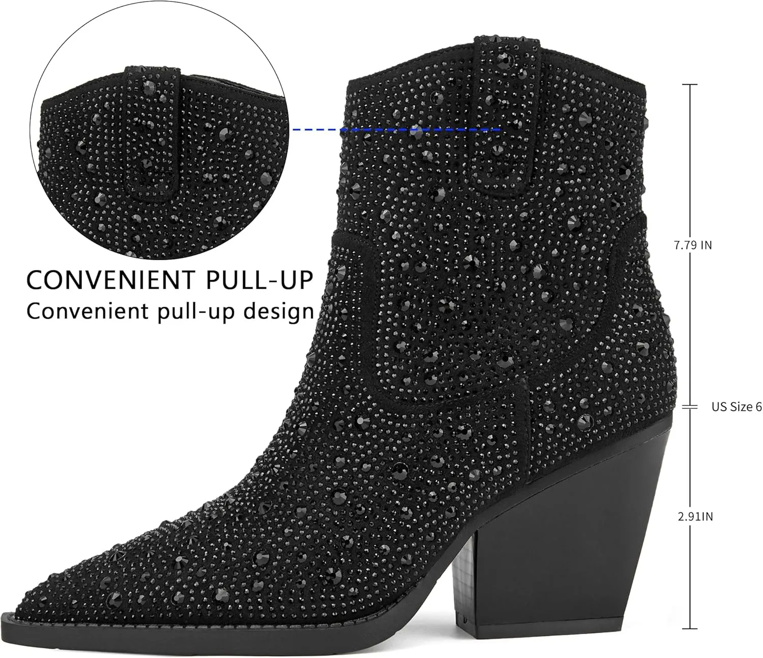 OOHRHN Women's Color Rhinestone Boots Glitter Sparkly Cowboy Booties Chunky Block Heel Pearl Detail Pointed Toe Bridal Wedding Western Ankle Boots Cowgirl Short Boots