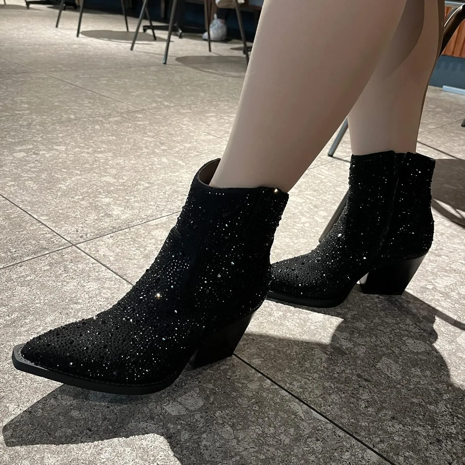 OOHRHN Women's Color Rhinestone Boots Glitter Sparkly Cowboy Booties Chunky Block Heel Pearl Detail Pointed Toe Bridal Wedding Western Ankle Boots Cowgirl Short Boots