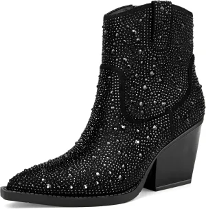 OOHRHN Women's Color Rhinestone Boots Glitter Sparkly Cowboy Booties Chunky Block Heel Pearl Detail Pointed Toe Bridal Wedding Western Ankle Boots Cowgirl Short Boots